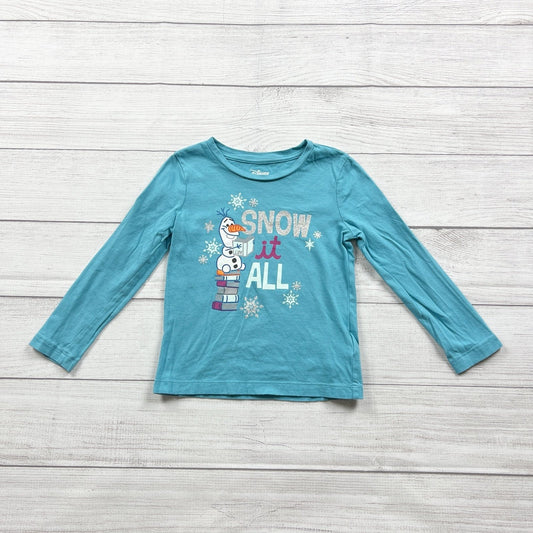 Disney Frozen Olaf Girls Long Sleeve Shirt Teal “Snow It All” Graphic Tee XS 4-5