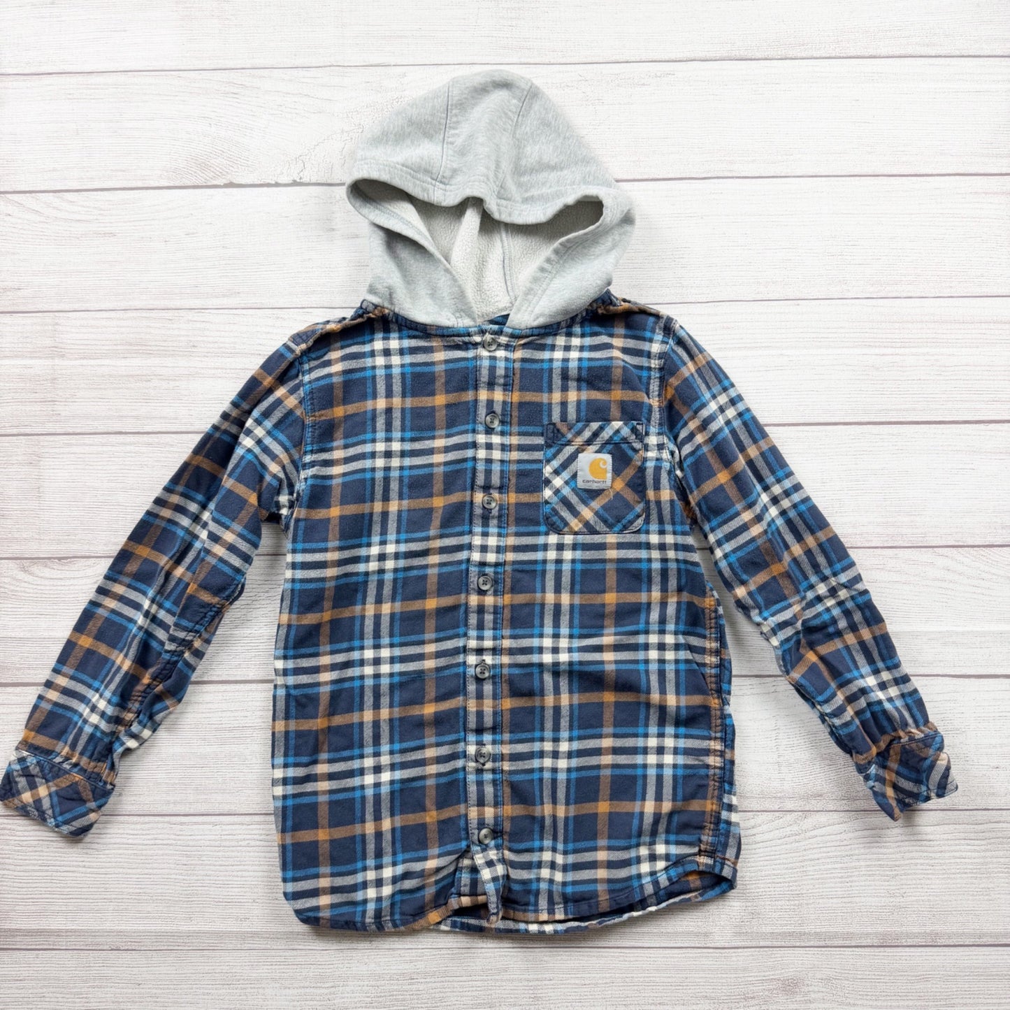 Carhartt Boys Flannel Hooded Shirt Shacket Blue Plaid Button Down Medium 10-12