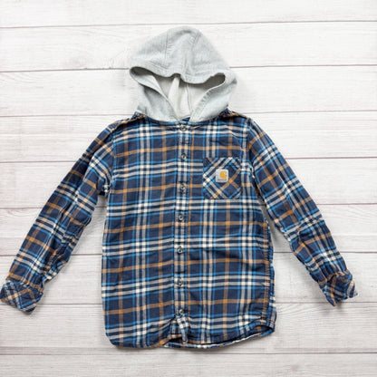 Carhartt Boys Flannel Hooded Shirt Shacket Blue Plaid Button Down Medium 10-12
