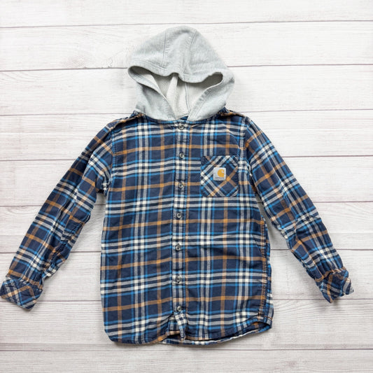 Carhartt Boys Flannel Hooded Shirt Shacket Blue Plaid Button Down Medium 10-12
