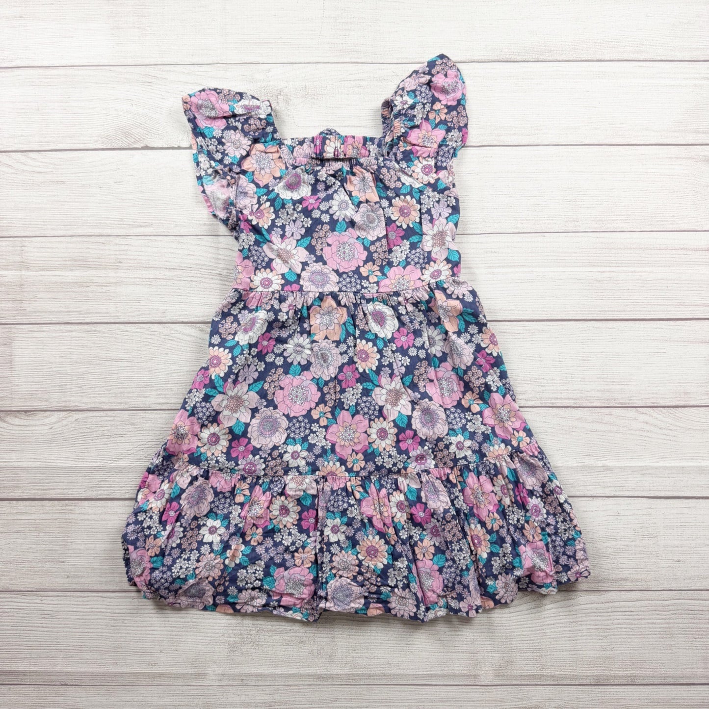 Jumping Beans Girls Floral Print Dress Ruffled Sleeves Navy Pink 7