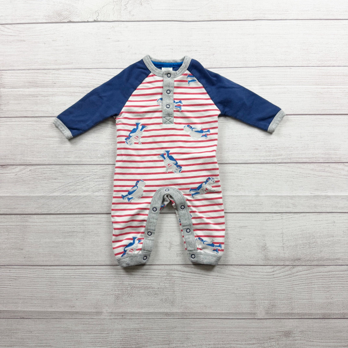 Baby Boden Striped Robot Cotton Romper Print Long Sleeve Snap Closure 3-6 Months