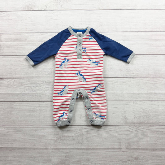 Baby Boden Striped Robot Cotton Romper Print Long Sleeve Snap Closure 3-6 Months