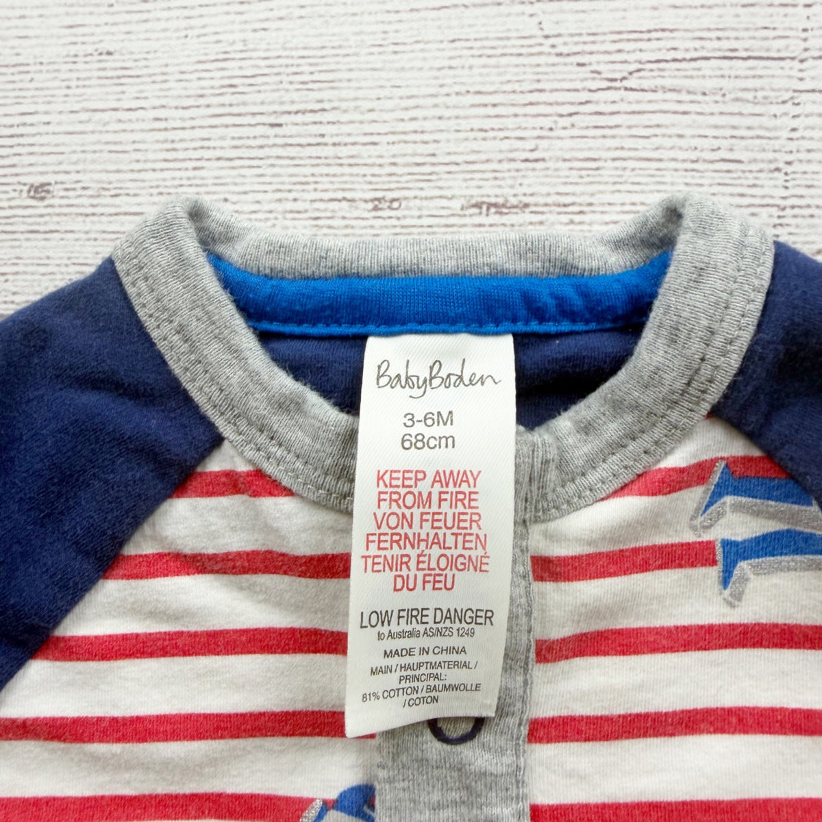 Baby Boden Striped Robot Cotton Romper Print Long Sleeve Snap Closure 3-6 Months