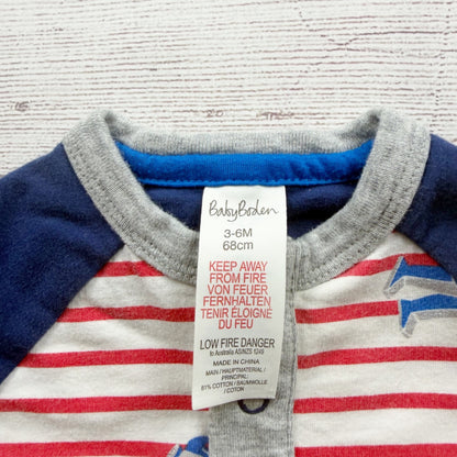 Baby Boden Striped Robot Cotton Romper Print Long Sleeve Snap Closure 3-6 Months