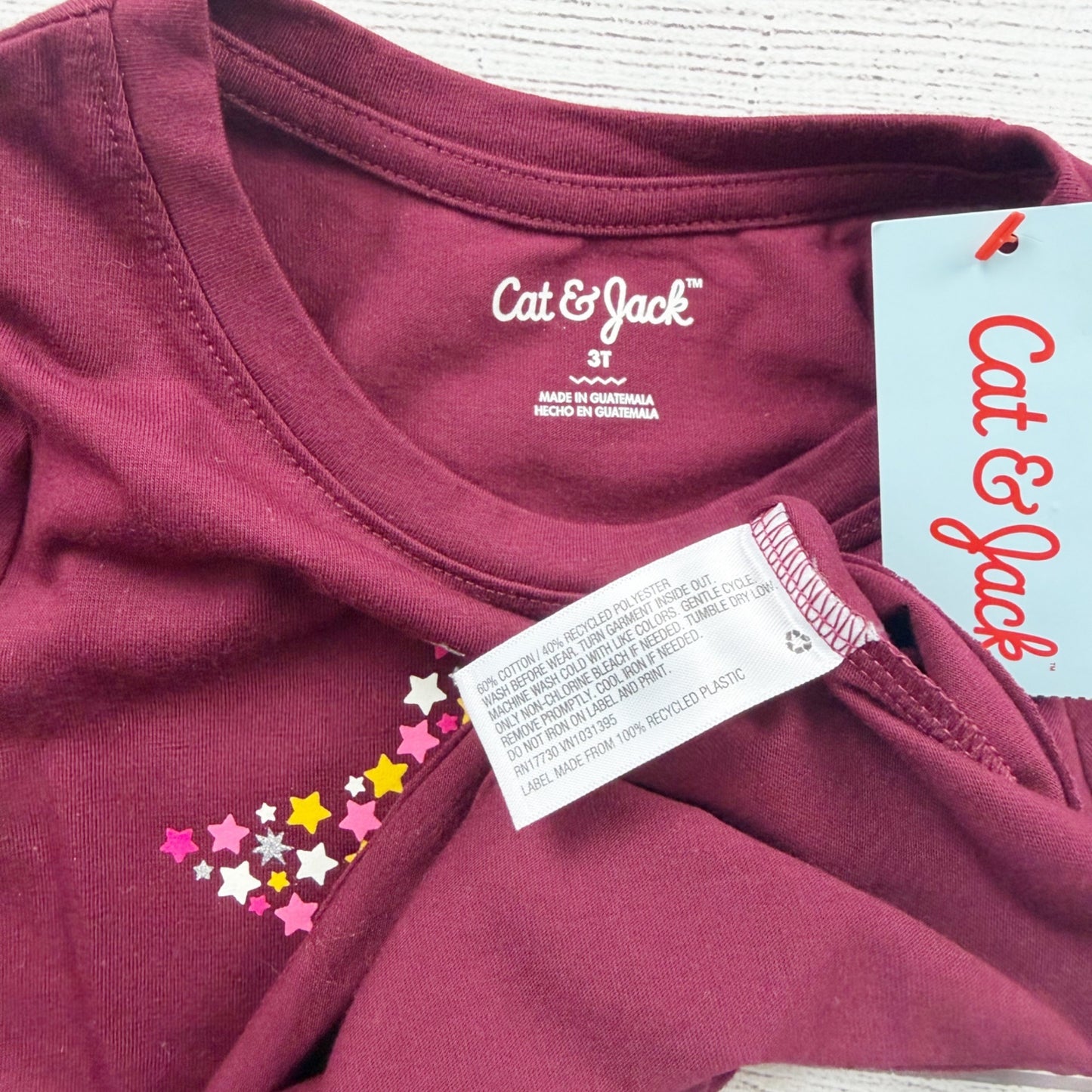 Cat & Jack Toddler Girls Burgundy Star Graphic Long Sleeve Shirt NWT 3T