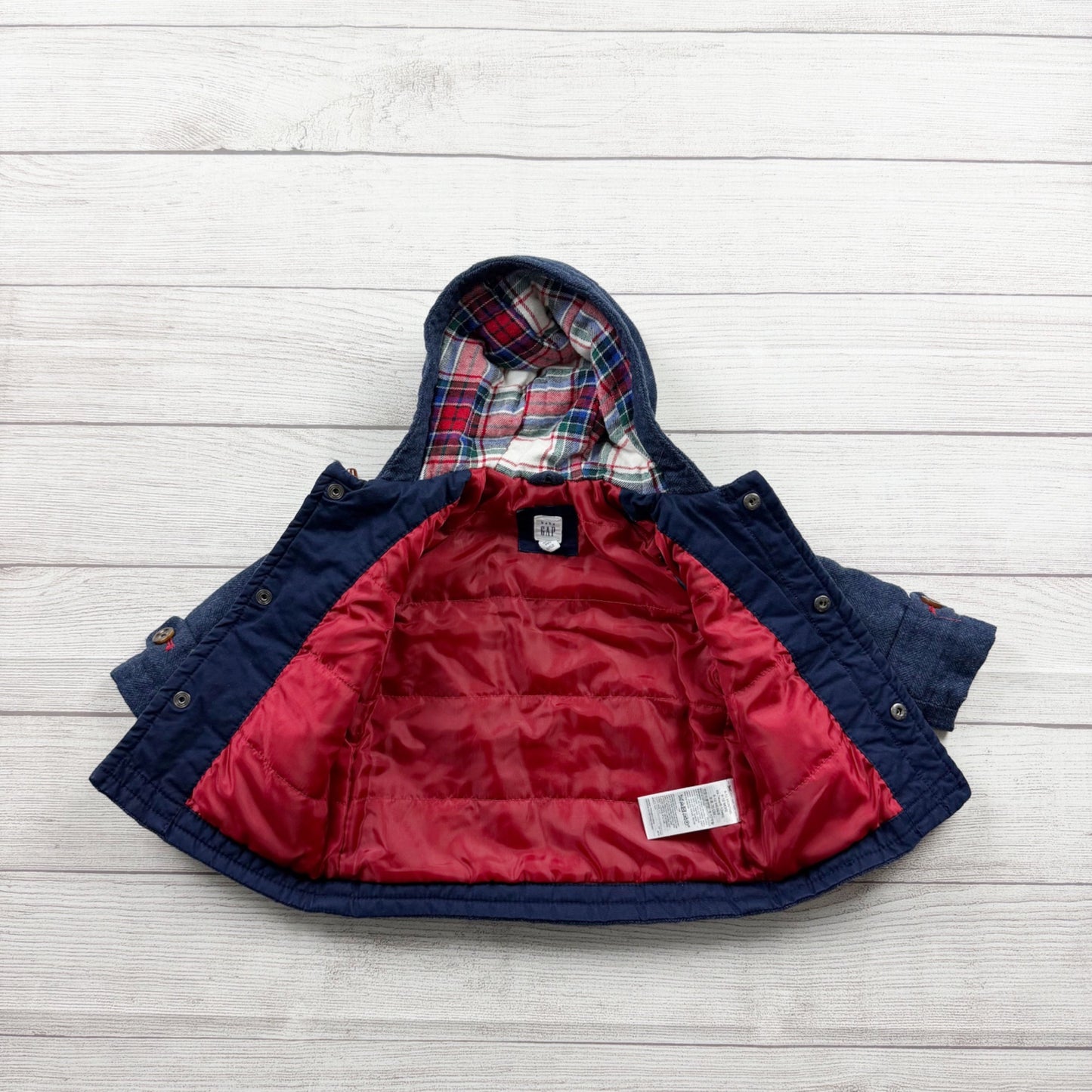 Gap Baby Hooded Toggle Coat Navy Blue Plaid Lined Winter Jacket 6-12 Months