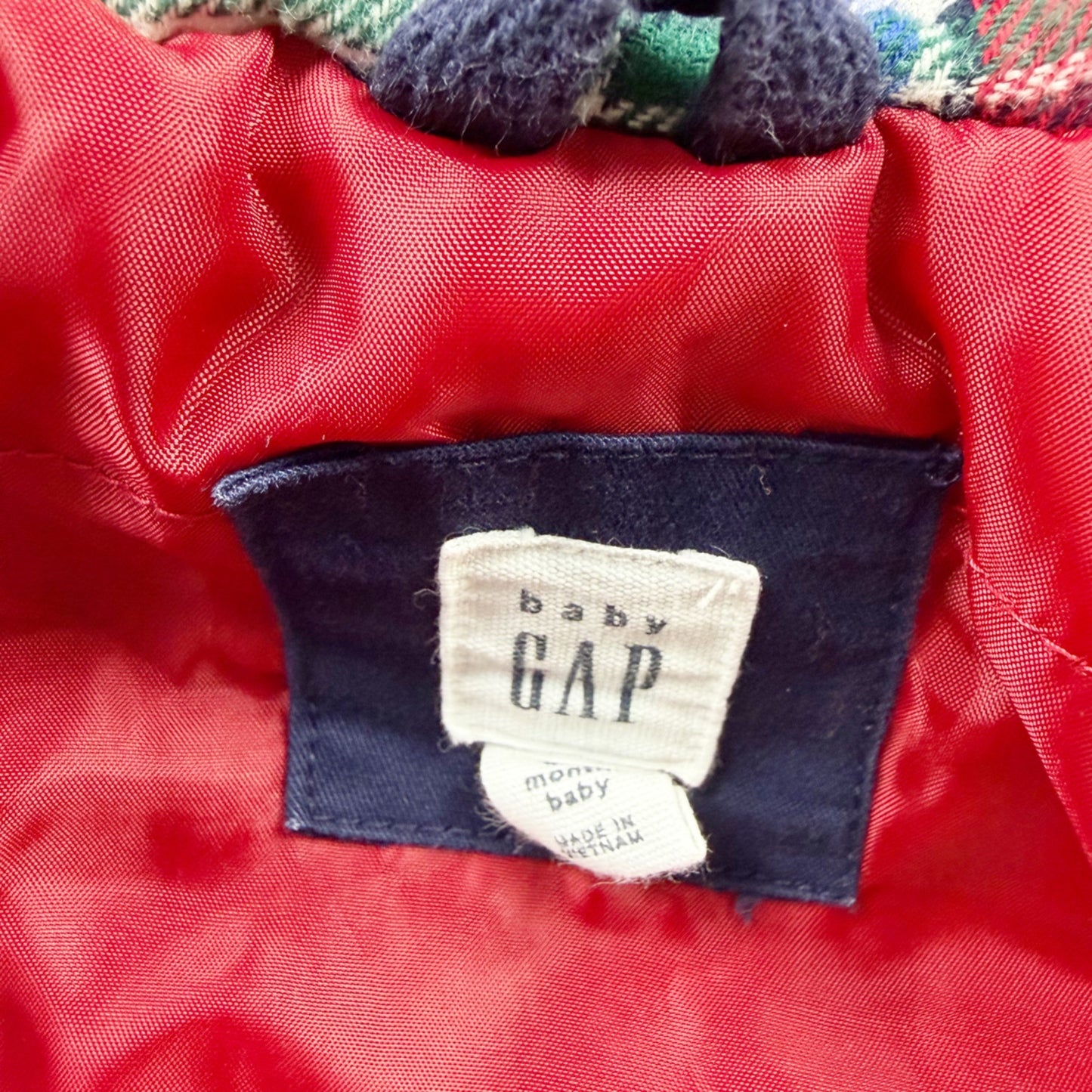 Gap Baby Hooded Toggle Coat Navy Blue Plaid Lined Winter Jacket 6-12 Months
