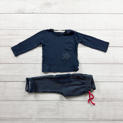 EMC Baby Boy Outfit Set Navy Long Sleeve Top Striped Pants 2 Piece 9-12 Months