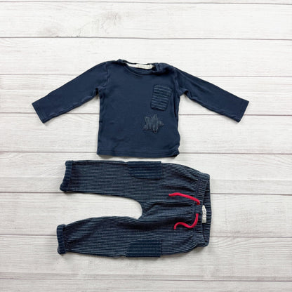 EMC Baby Boy Outfit Set Navy Long Sleeve Top Striped Pants 2 Piece 9-12 Months