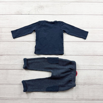 EMC Baby Boy Outfit Set Navy Long Sleeve Top Striped Pants 2 Piece 9-12 Months