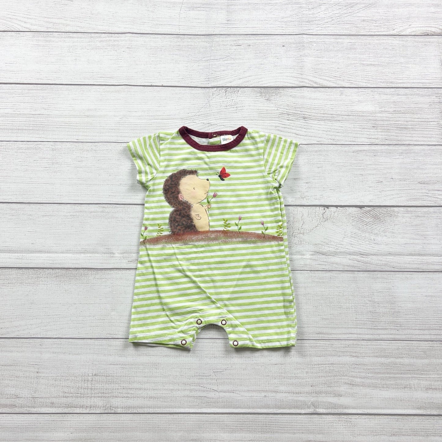 Peppy Mini Baby Romper Green Striped Short Sleeve Hedgehog Print 3-6 Months