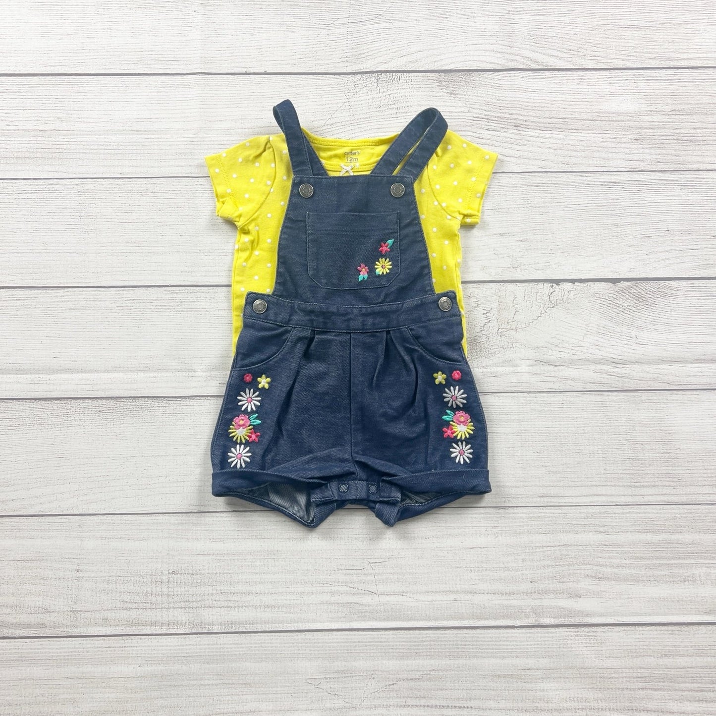 Carter’s Baby Girl Overall Shorts Denim Floral Embroidered Shortalls Set 12 Months