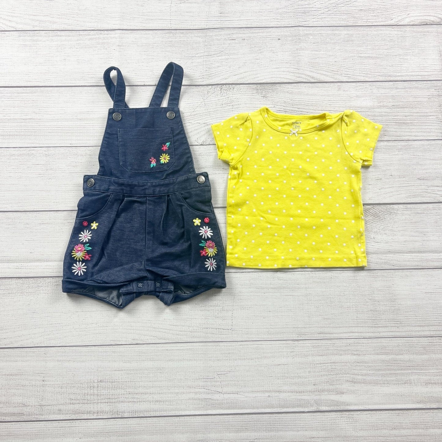 Carter’s Baby Girl Overall Shorts Denim Floral Embroidered Shortalls Set 12 Months