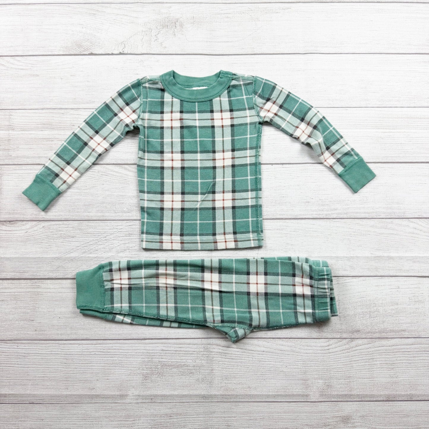 Hanna Andersson Toddler Pajama Set Green Plaid 2pc Long Sleeve PJ Set 3T