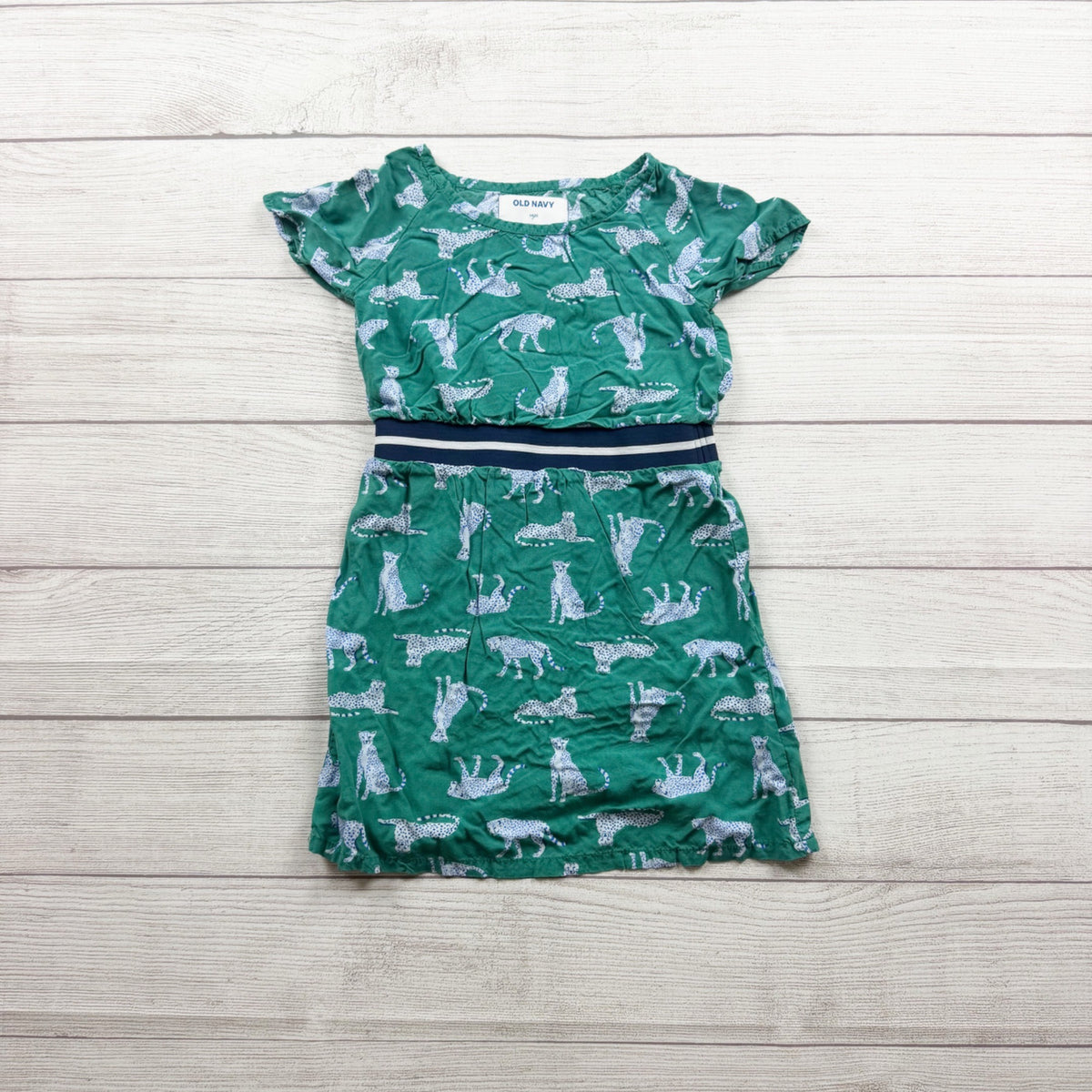 Old Navy Girls Green Cheetah Print Dress Elastic Waist Lightweight Casual XS 5