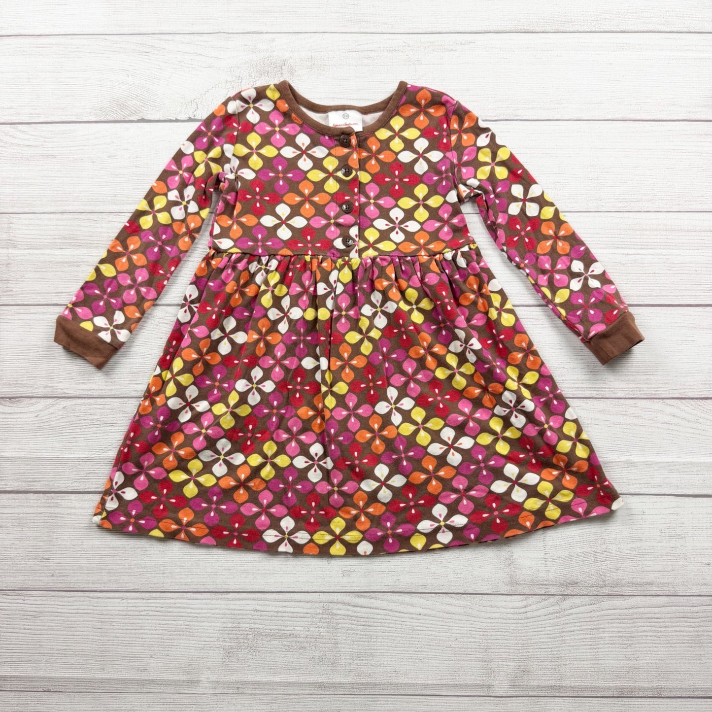 Hanna Andersson Girls Brown Floral Long Sleeve Button Cotton Dress 110 5