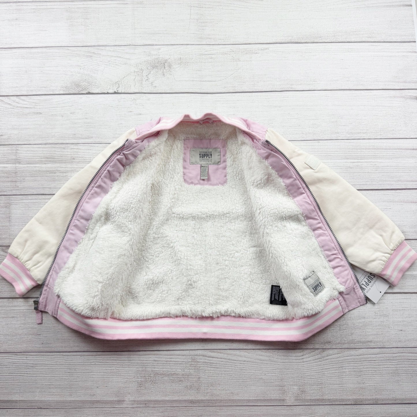 London Fog Girls Varsity Jacket Pink Sherpa Lined Bomber Zip Up NWT 5-6