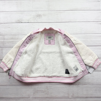 London Fog Girls Varsity Jacket Pink Sherpa Lined Bomber Zip Up NWT 5-6