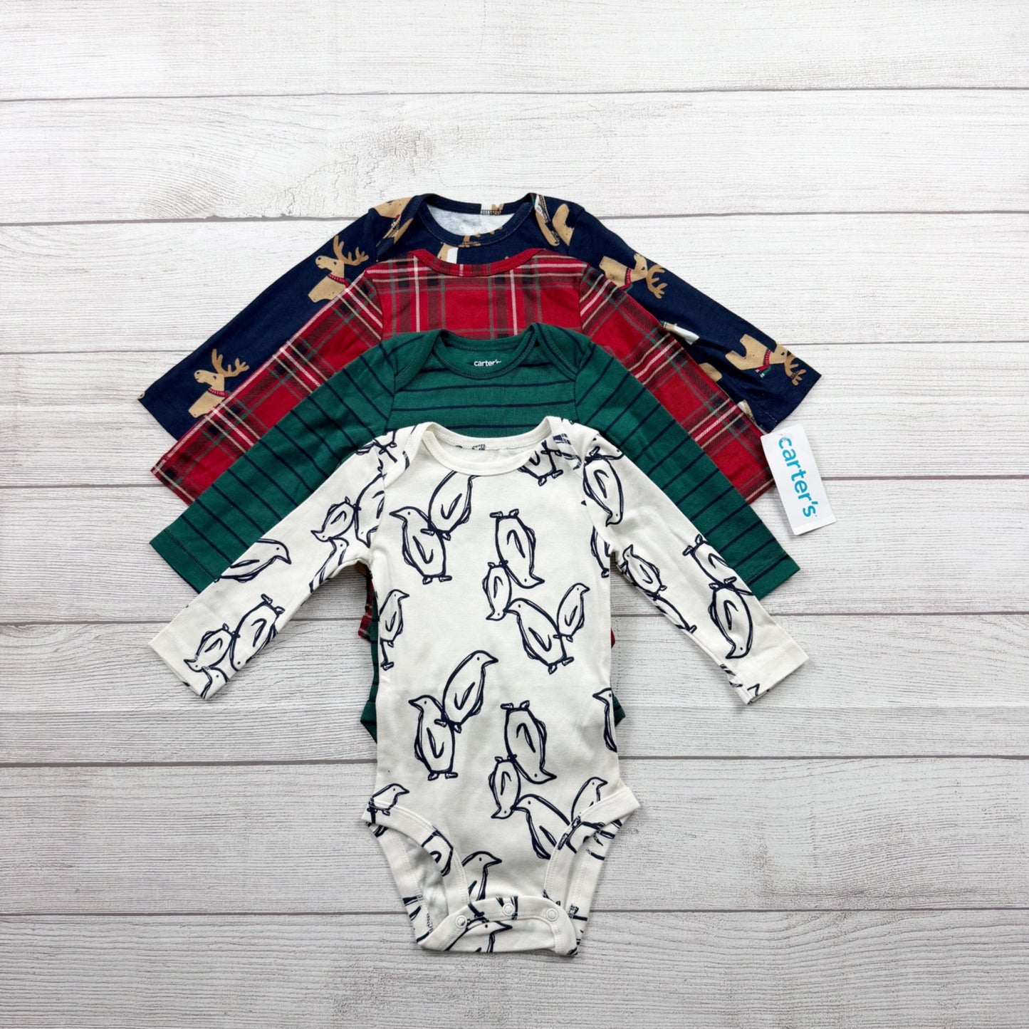 Carter’s Baby Boys Long Sleeve Bodysuits Penguin Moose 4-Pack NWT 3-6 Months