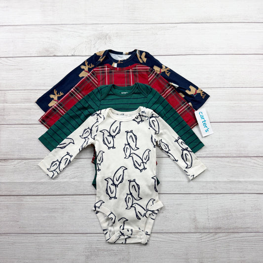 Carter’s Baby Boys Long Sleeve Bodysuits Penguin Moose 4-Pack NWT 3-6 Months