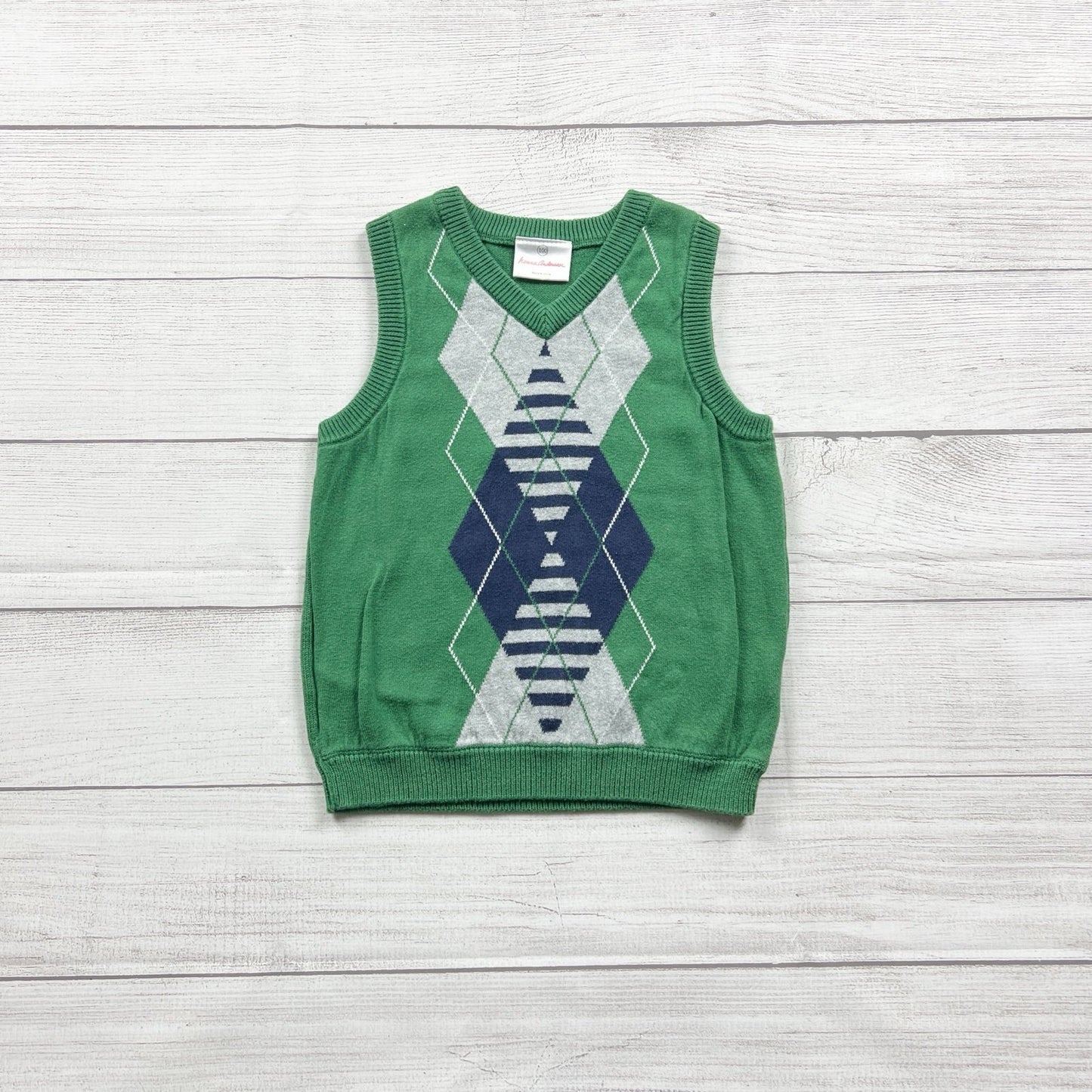 Hanna Andersson Kids Sweater Vest Green Argyle Knit V-Neck Pullover 4