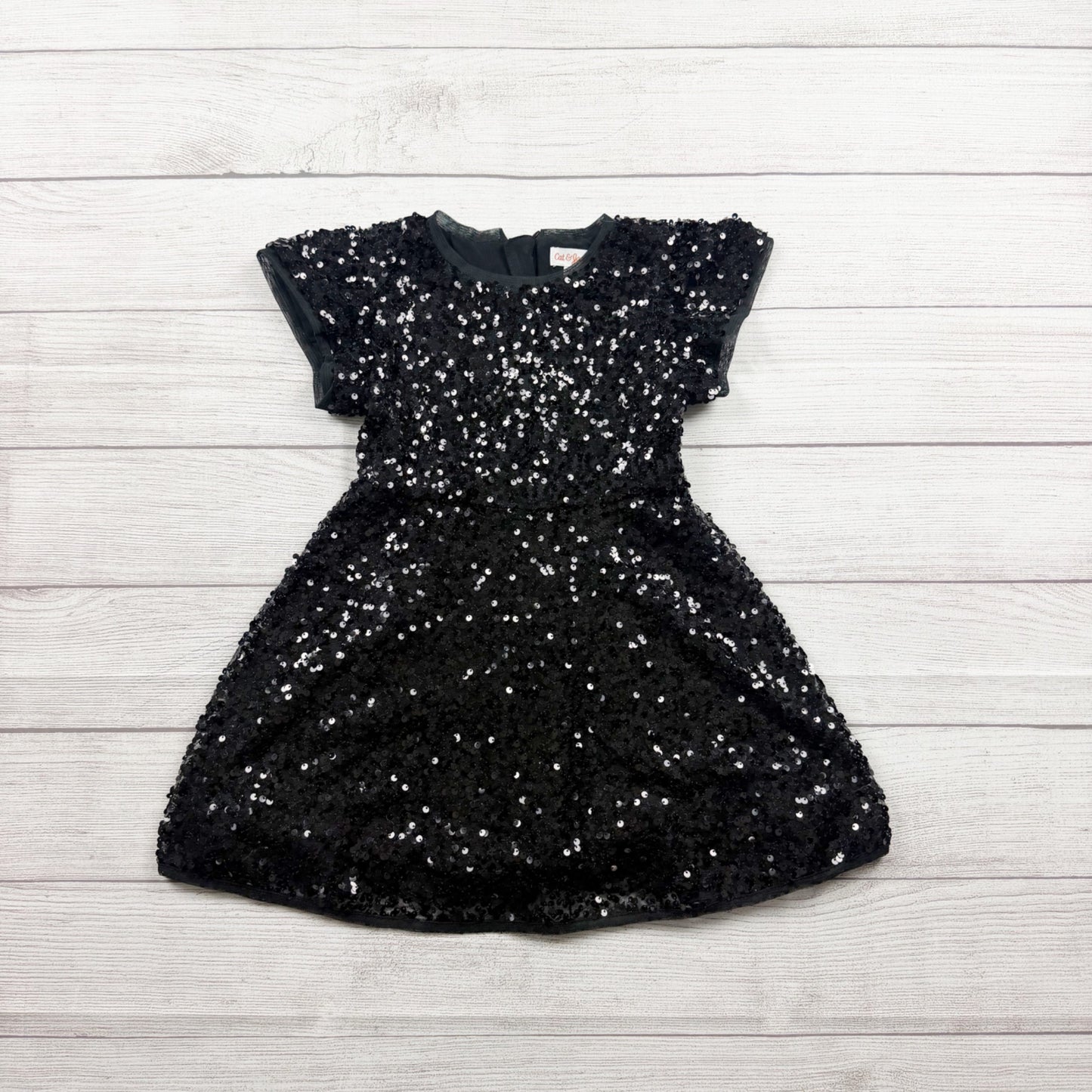 Cat & Jack Girls Sequin Dress Black Sparkly Party Dress Short Sleeve XS 4-5