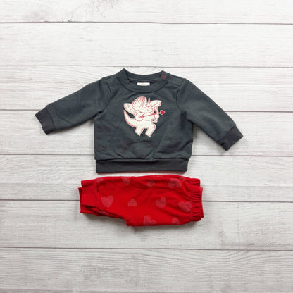 Cat & Jack Baby Outfit Cupid Dino Sweatshirt Heart Pants Set 0-3 Months