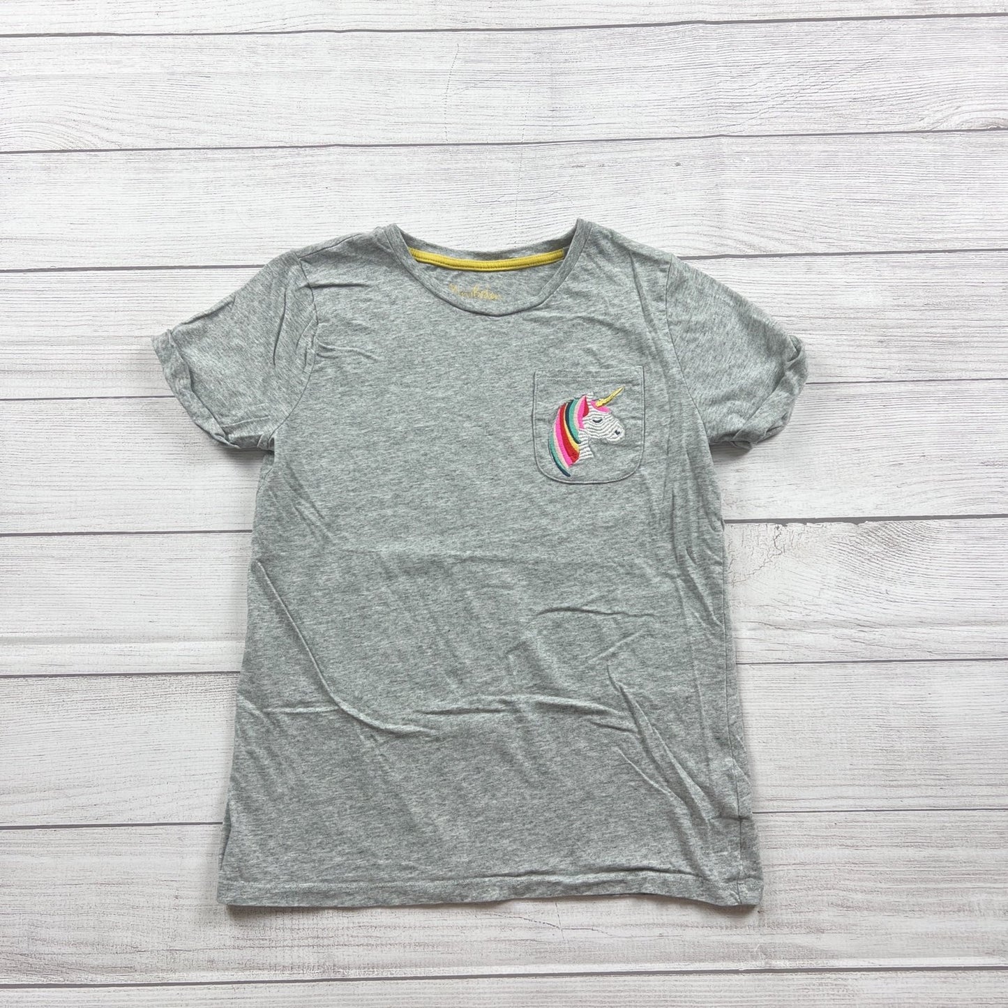 Mini Boden Kids T-Shirt Gray Unicorn Pocket Graphic Short Sleeve Top 13-14