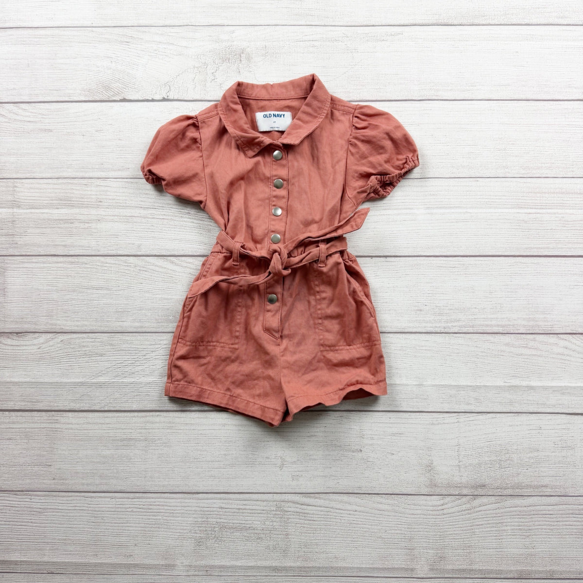 Old Navy Girls Puff Sleeve Button Front Romper Belted Terracotta Pink 4T