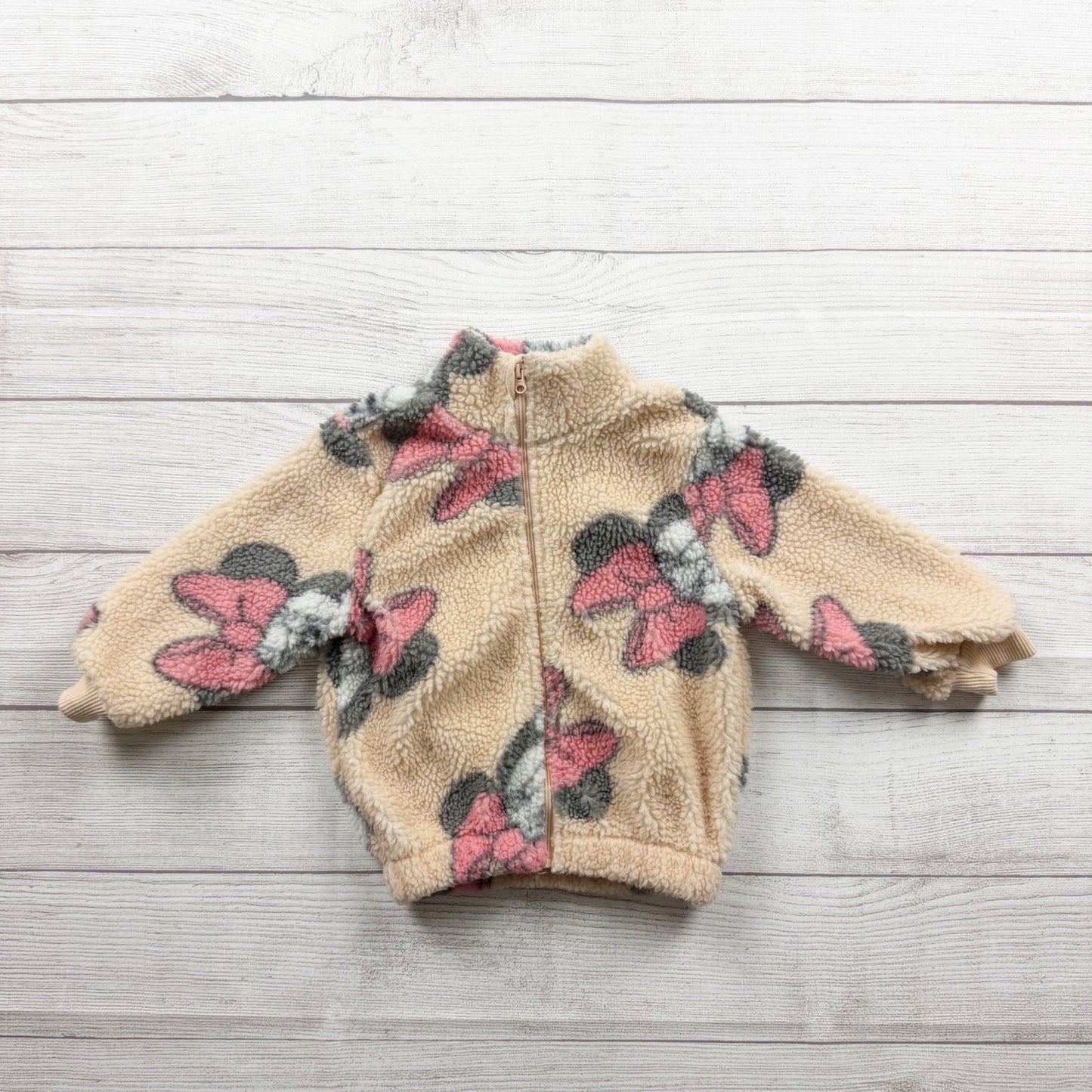 Disney Junior Minnie Mouse Girls Fleece Jacket Pink Bow Print Beige 2T