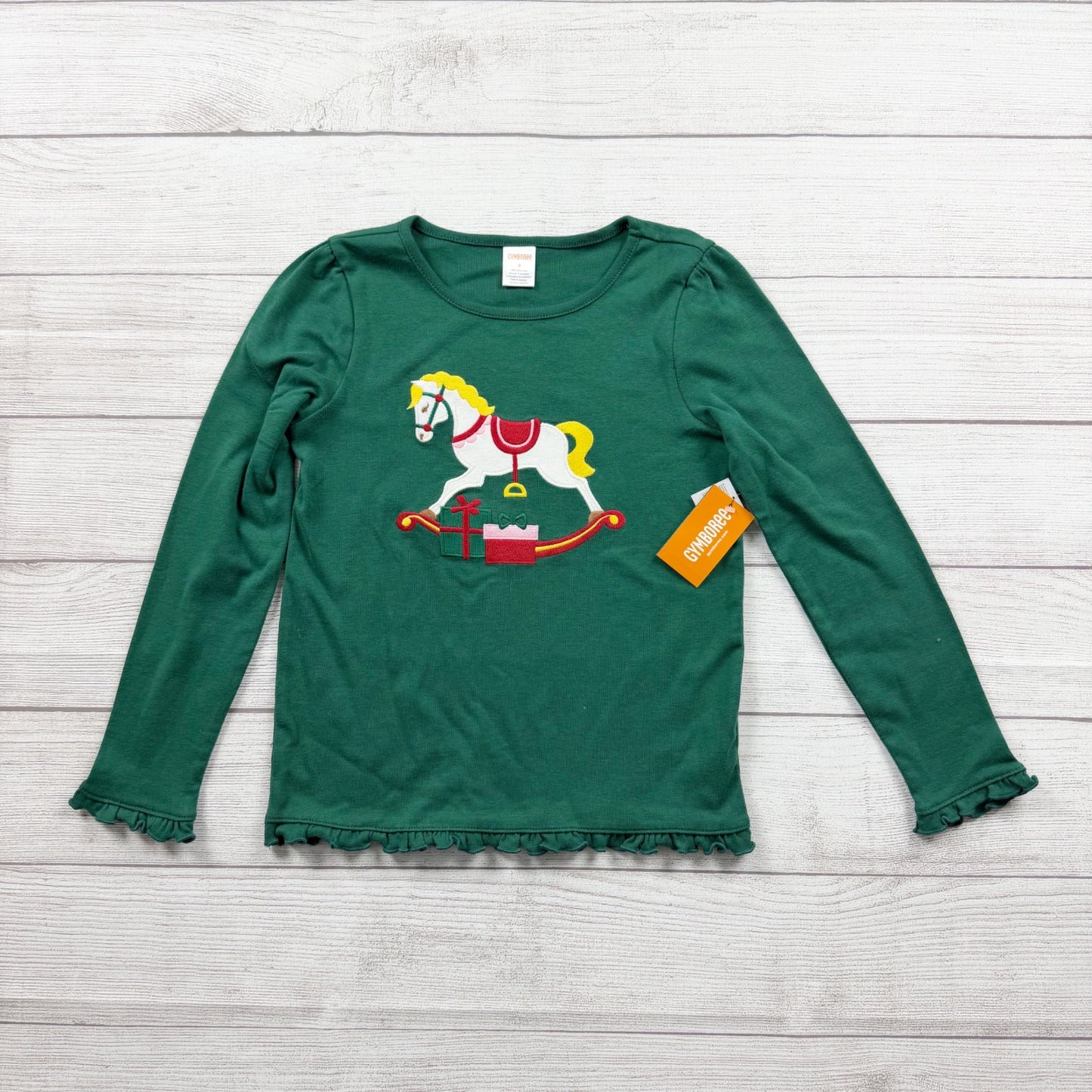 Gymboree Girls Christmas Rocking Horse Shirt Green Long Sleeve Ruffle Hem NWT 8