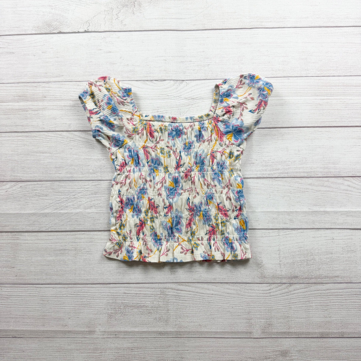 Old Navy Girls Floral Smocked Short Sleeve Top White Multicolor M 8