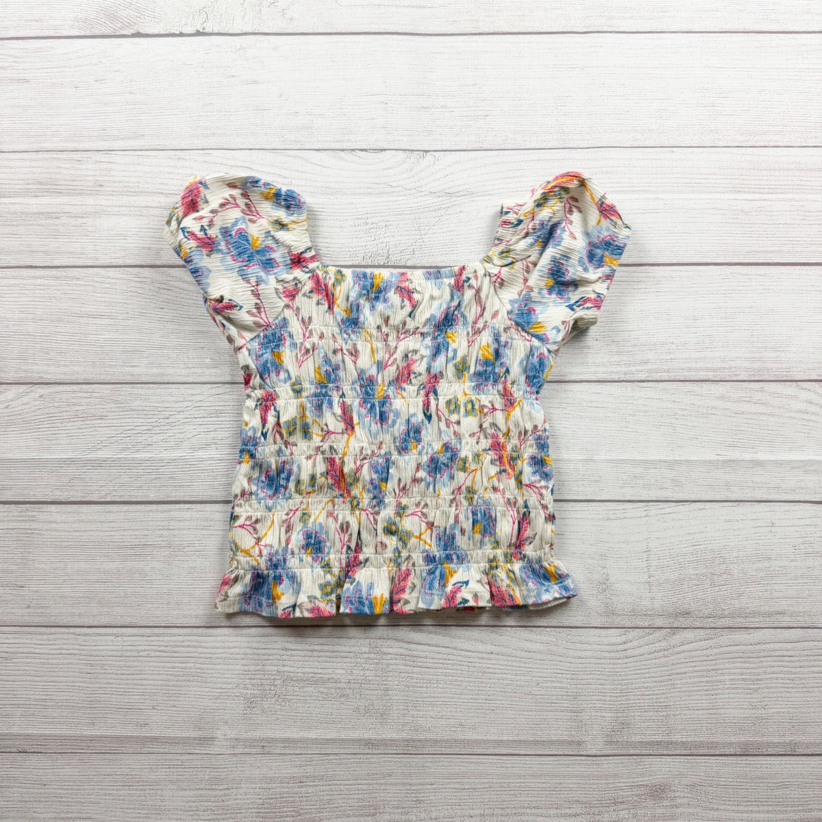 Old Navy Girls Floral Smocked Short Sleeve Top White Multicolor M 8
