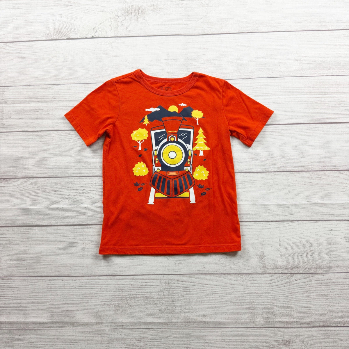 The Children's Place Boys Train Graphic Orange T-Shirt Durable Cotton Blend 5T