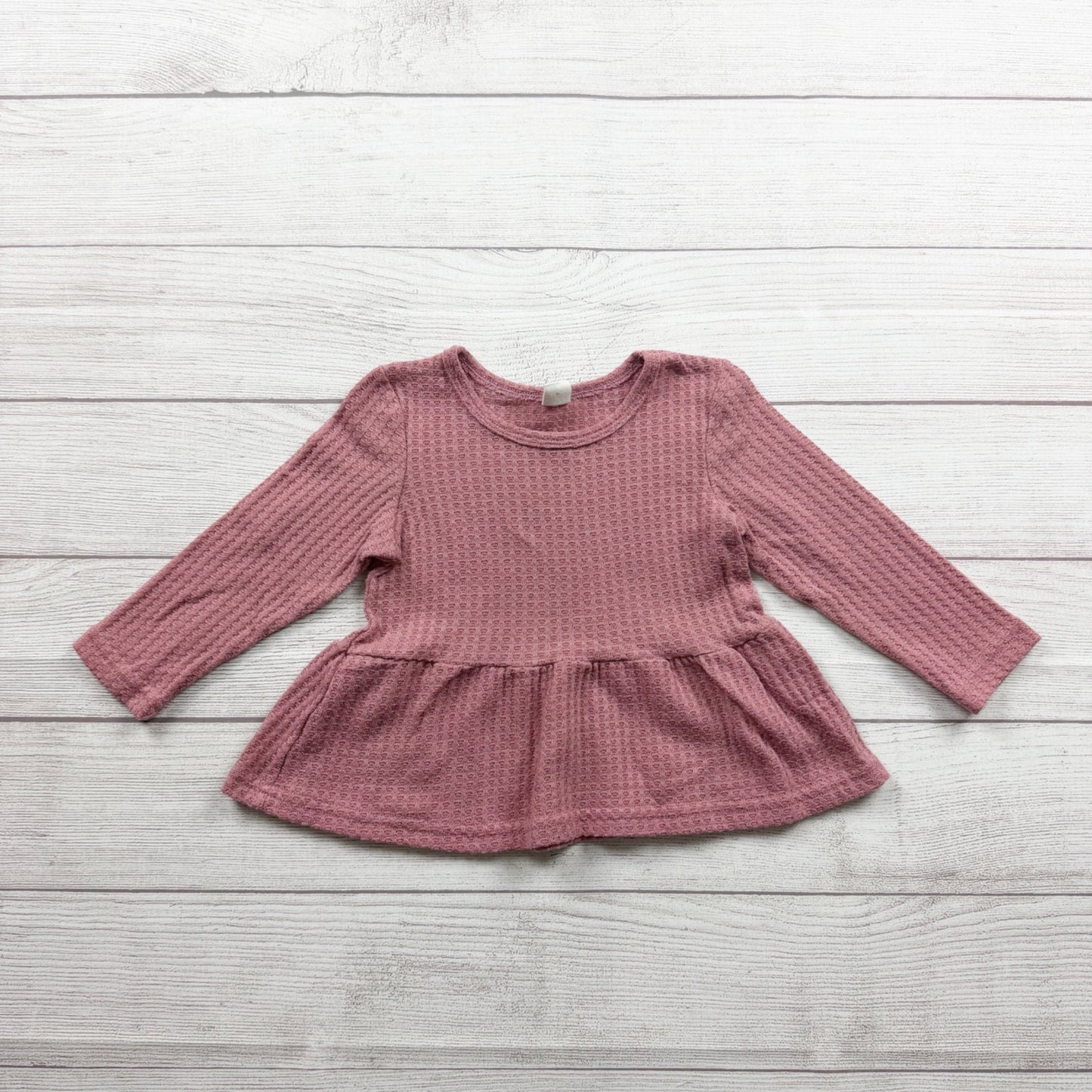 Shein Pink Waffle Knit Long Sleeve Peplum Baby Girl Shirt 2-3