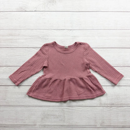 Shein Pink Waffle Knit Long Sleeve Peplum Baby Girl Shirt 2-3