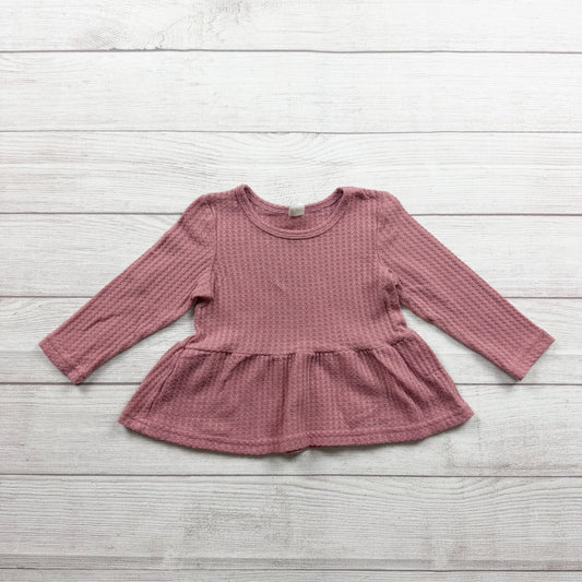 Shein Pink Waffle Knit Long Sleeve Peplum Baby Girl Shirt 2-3