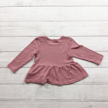 Shein Pink Waffle Knit Long Sleeve Peplum Baby Girl Shirt 2-3