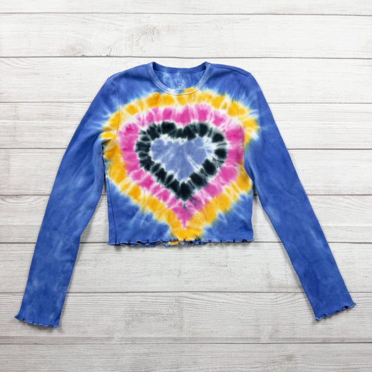 Ivory Ella Girls Tie Dye Long Sleeve Crop Top Blue Heart Graphic Ribbed Shirt L