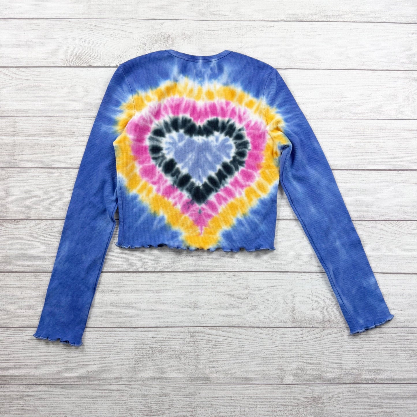 Ivory Ella Girls Tie Dye Long Sleeve Crop Top Blue Heart Graphic Ribbed Shirt L
