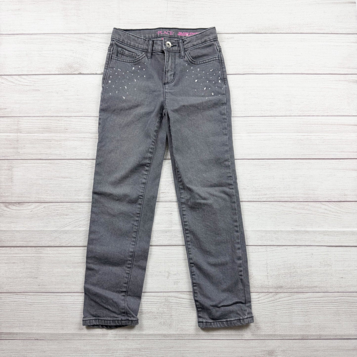 Children’s Place Girls Gray Relaxed Straight Jeans With Studded Accents 8