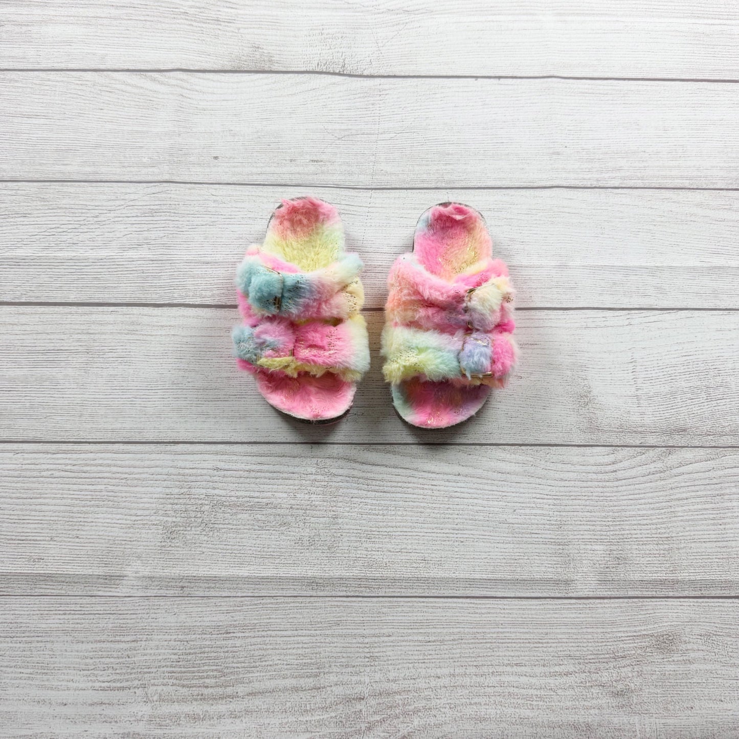 Girls Rainbow Faux Fur Slide Sandals Multicolor Fuzzy Slip On 11-12