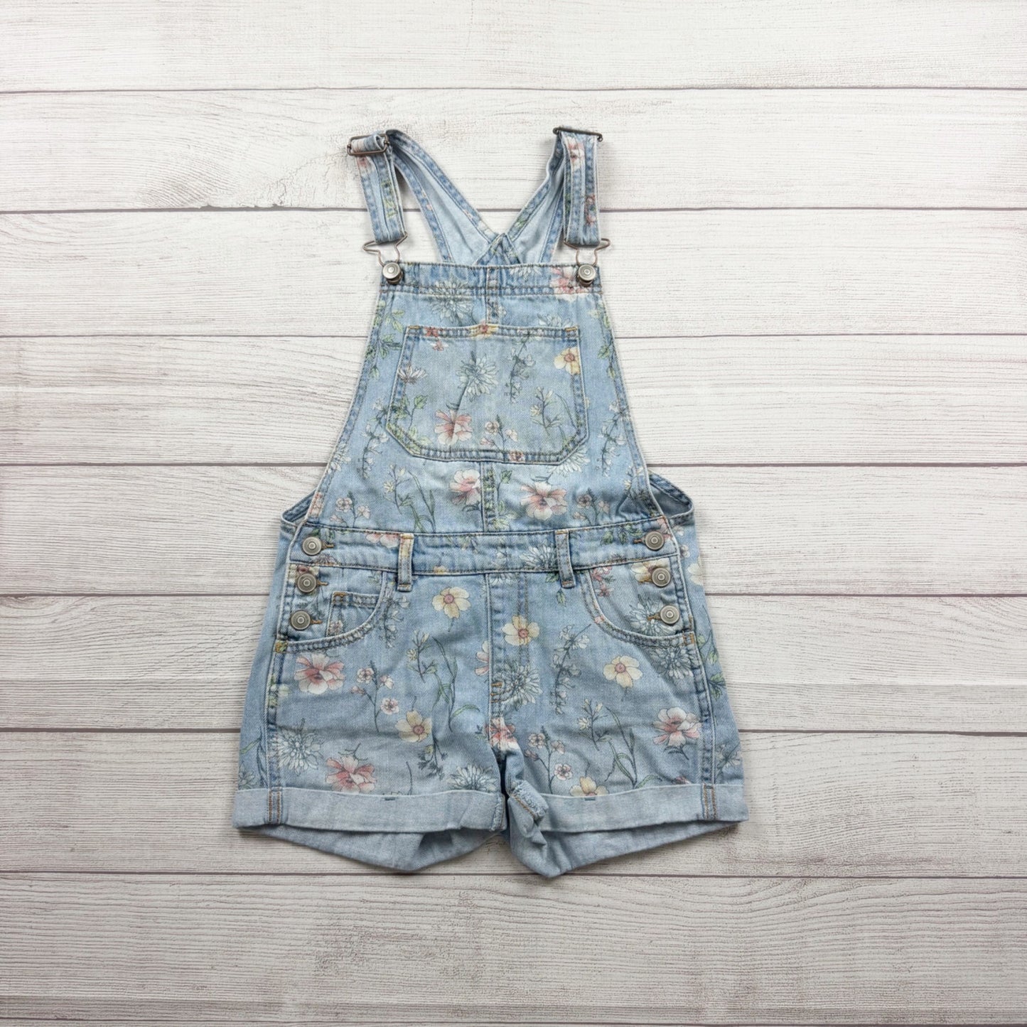 Wonder Nation Floral Denim Adjustable Strap Short Overalls Girls M 7-8