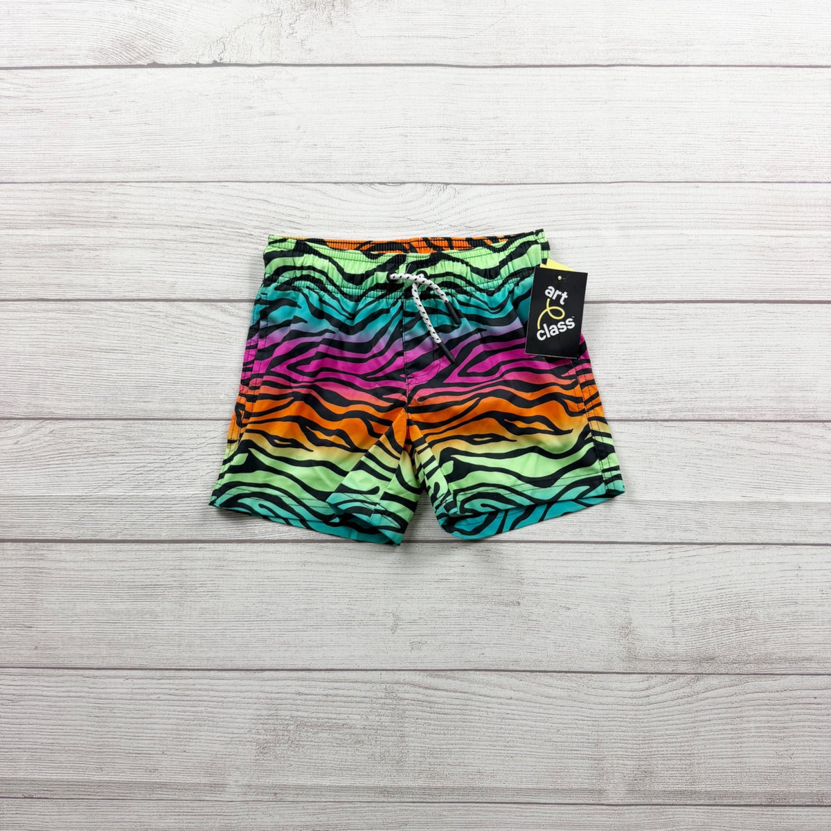 Art Class Kids Swim Trunks Neon Zebra Print Elastic Waist Drawstring NWT XS 4-5