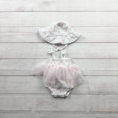 Floral Threads Baby Girl Tulle Romper Sun Hat Set 6-9 Months