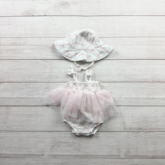 Floral Threads Baby Girl Tulle Romper Sun Hat Set 6-9 Months