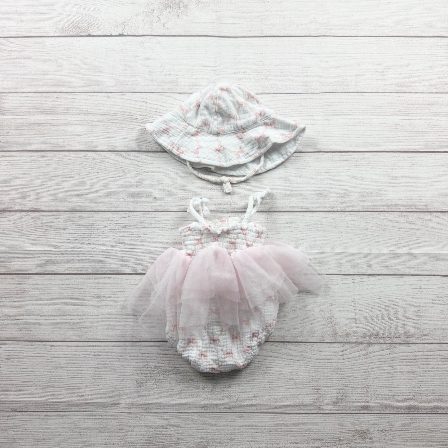 Floral Threads Baby Girl Tulle Romper Sun Hat Set 6-9 Months