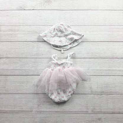 Floral Threads Baby Girl Tulle Romper Sun Hat Set 6-9 Months