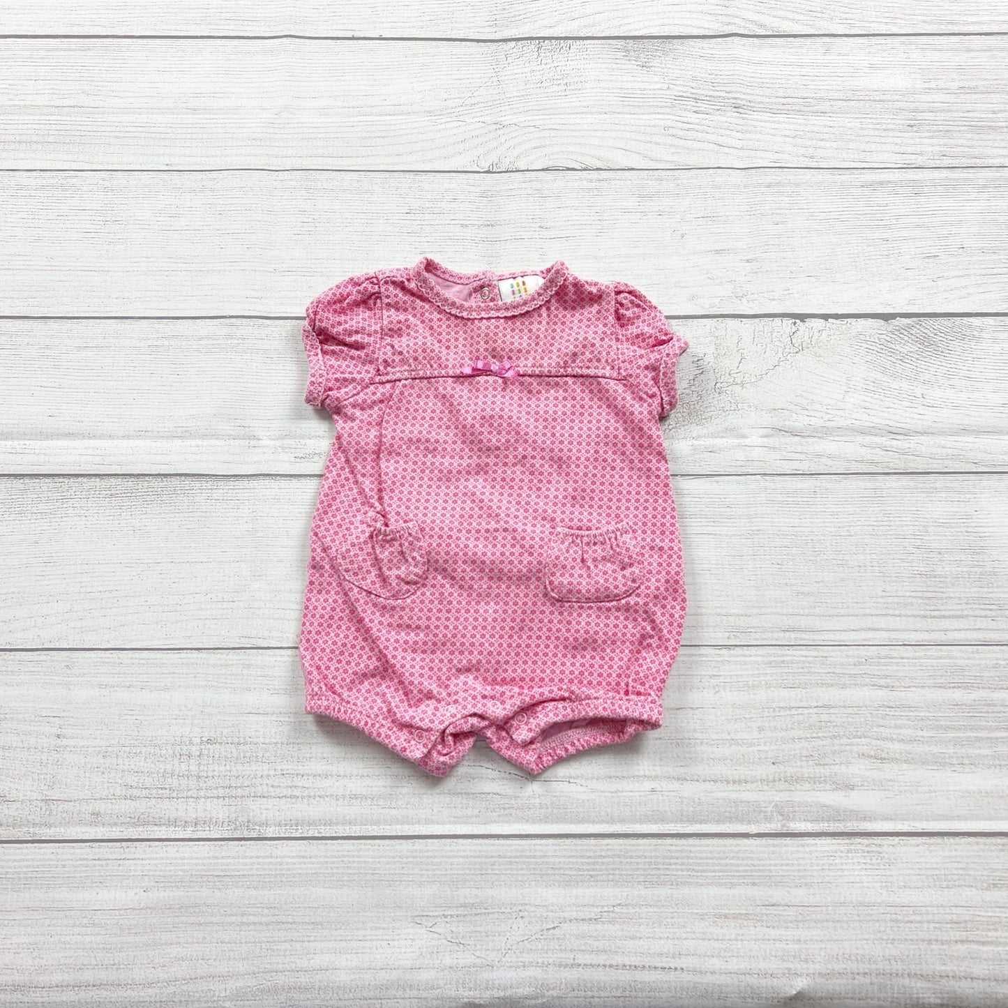 Absorba Pink Floral Infant Snap Romper Bow Accents Ruffle Back 3-6 Months